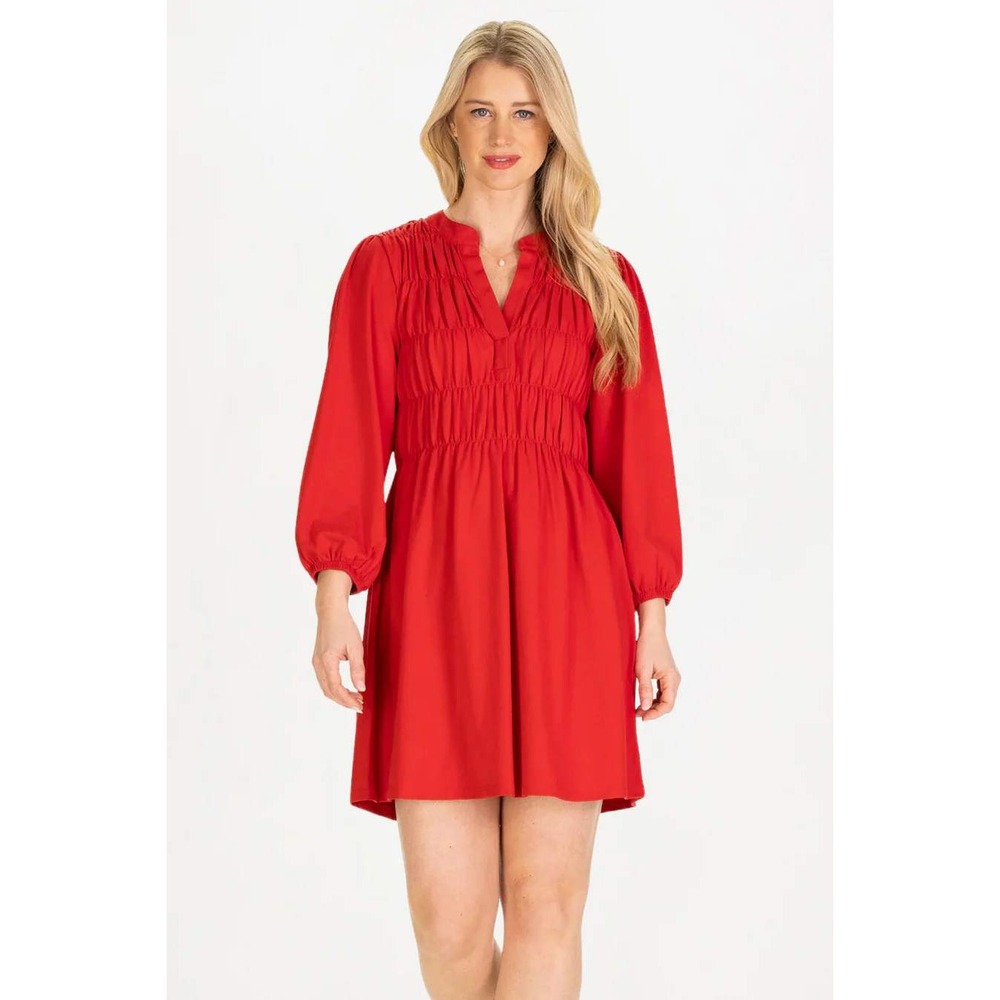 Duffield Lane  Hyacinth Red‎ Smocked V-Neck Long Sleeve Mini Dress Medium